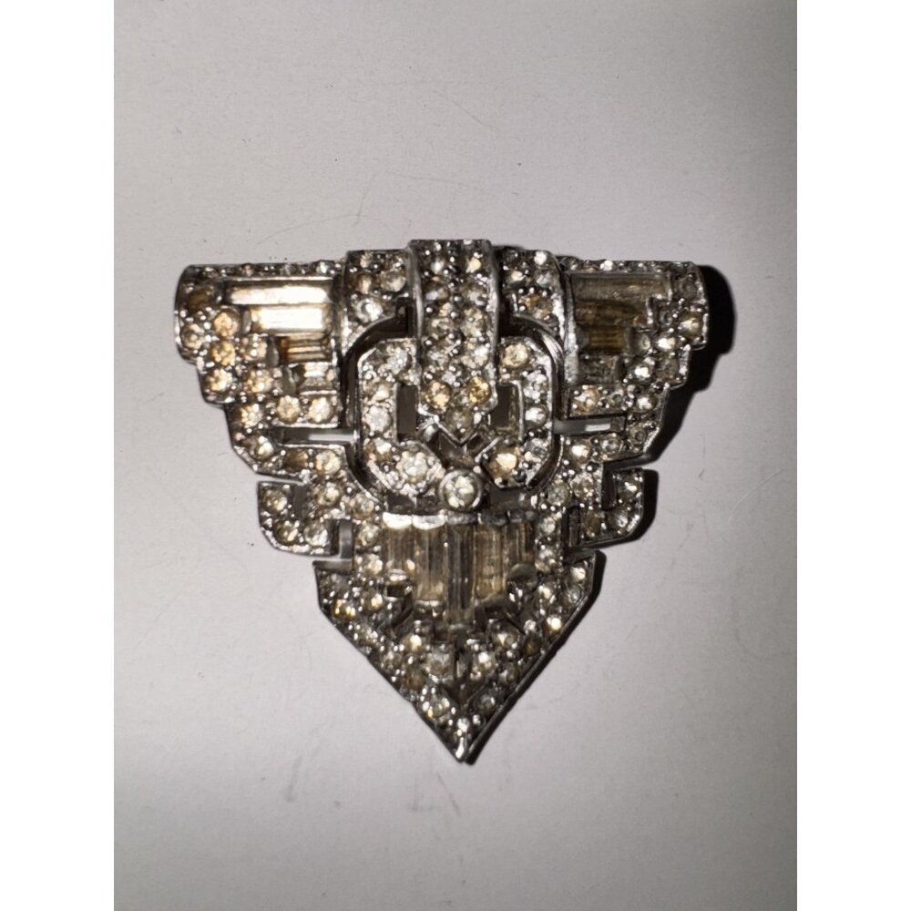 Vintage 1932 Art Deco Rhinestone Dress Clip Silver-Tone Geometric Design